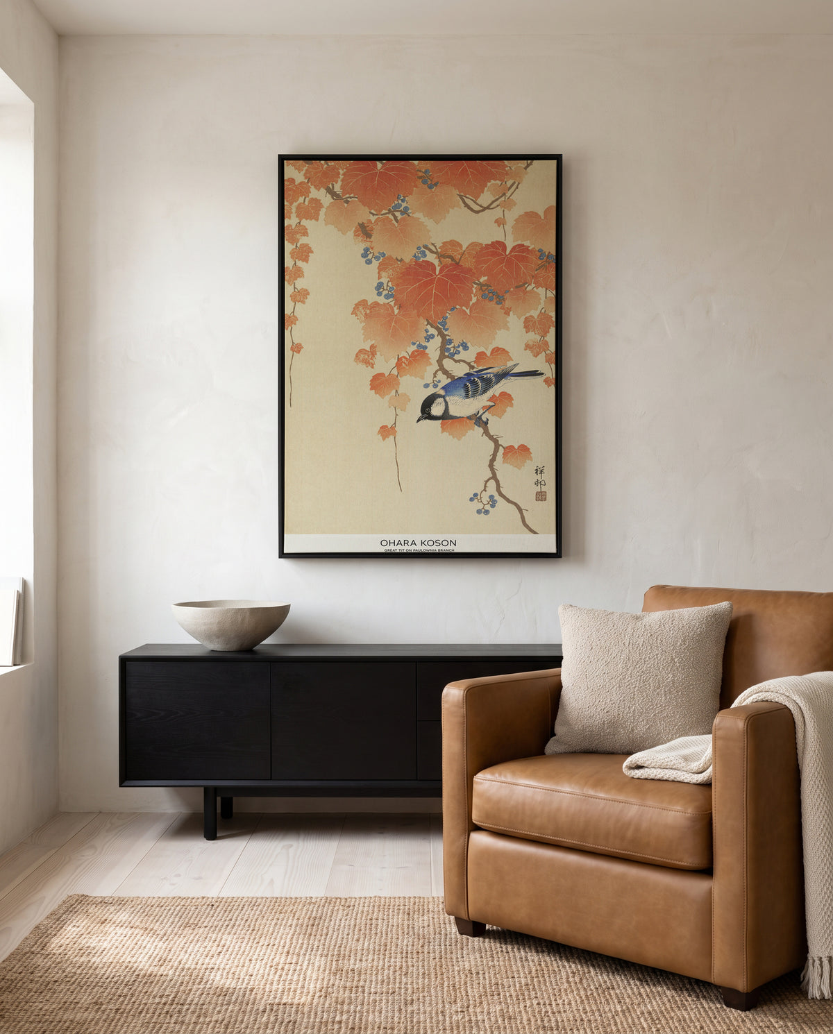 Great Tit On Paulownia Branch | Framed Canvas Art Print