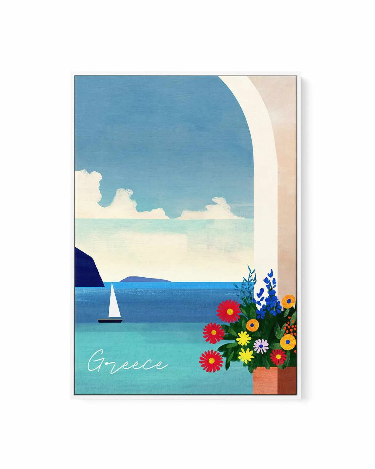 Greece, Boat and Flowers by Henry Rivers | Framed Canvas Art Print from Olive et Oriel where you can shop wallpaper and artworks online