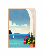 Greece, Boat and Flowers by Henry Rivers | Framed Canvas Art Print
