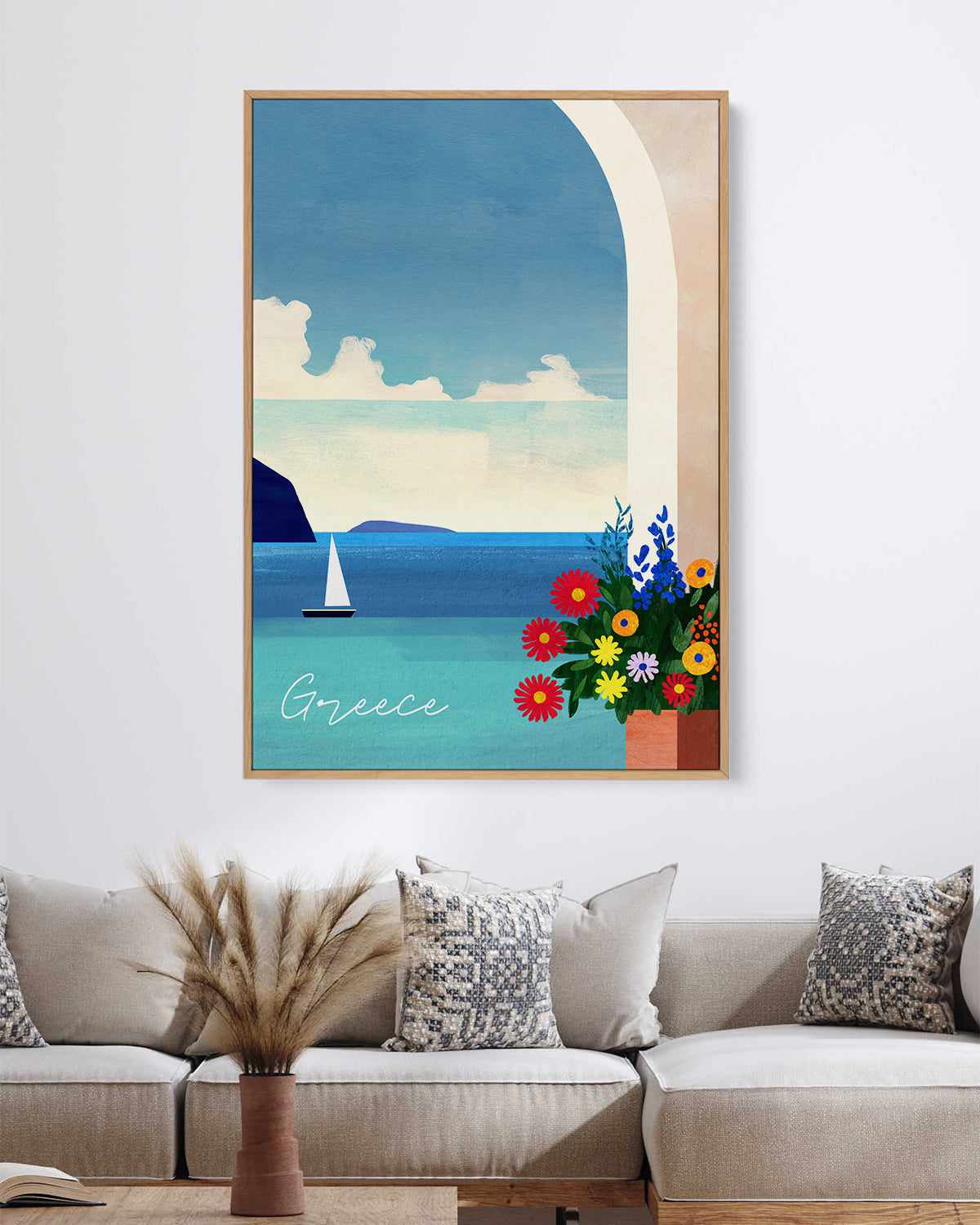 Greece, Boat and Flowers by Henry Rivers | Framed Canvas Art Print