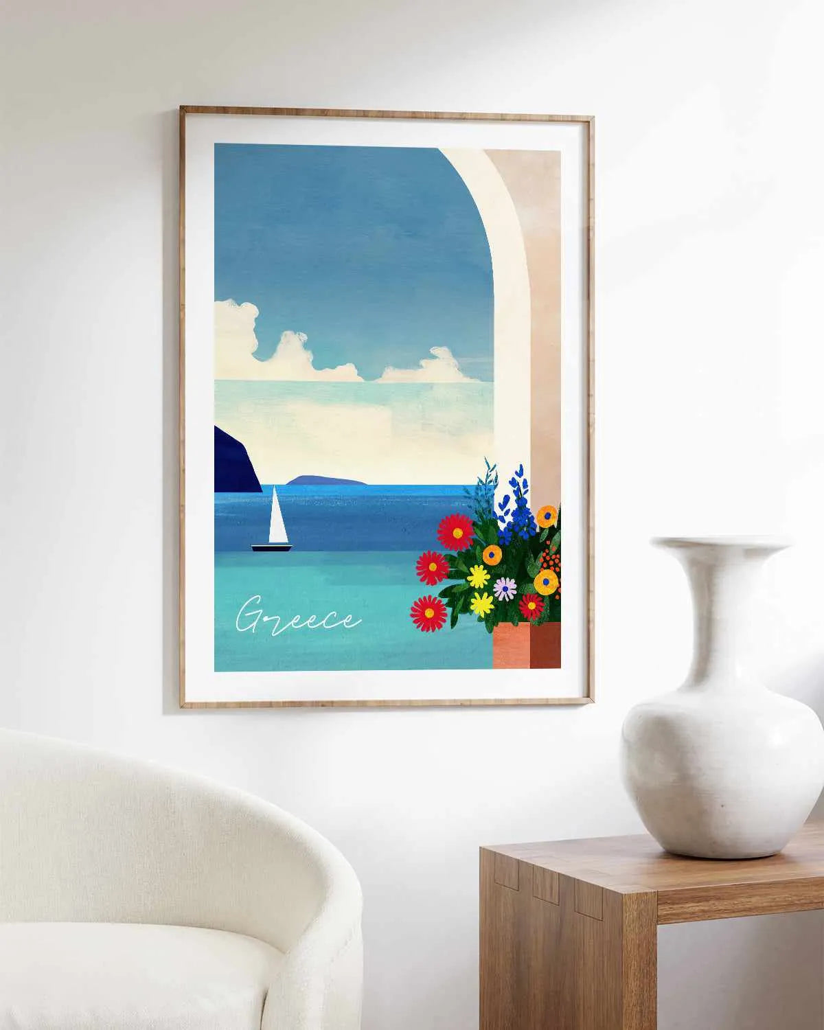 Greece, Boat and Flowers by Henry Rivers Art Print from Olive et Oriel where you can shop wallpaper and artworks online