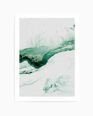 Abstract art print featuring fluid, organic shapes in varying shades of deep emerald green and pale teal against a stark white background, creating a dynamic composition suggestive of a glacial landscape or aerial view of a river delta. Printed on fine art paper with a matte finish.