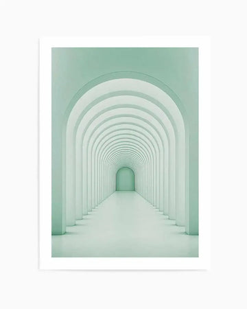 Art print featuring a long, symmetrical hallway with a series of receding arches in a soft, muted mint green hue. The perspective creates a sense of depth, leading to a smaller, arched opening at the far end. The composition is minimalist and serene, with subtle shadows defining the architectural elements.