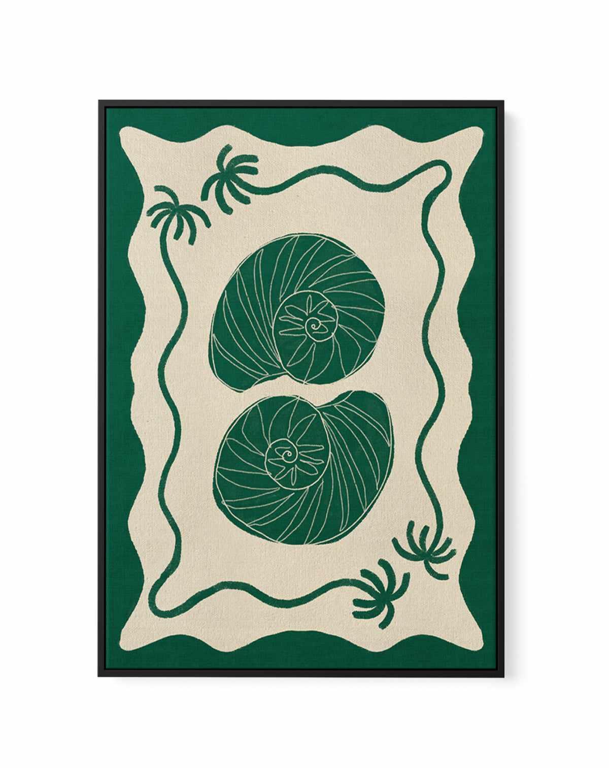 Green Seashell Stories by Shatha Al Dafai | Framed Canvas Art Print from Olive et Oriel where you can shop wallpaper and artworks online
