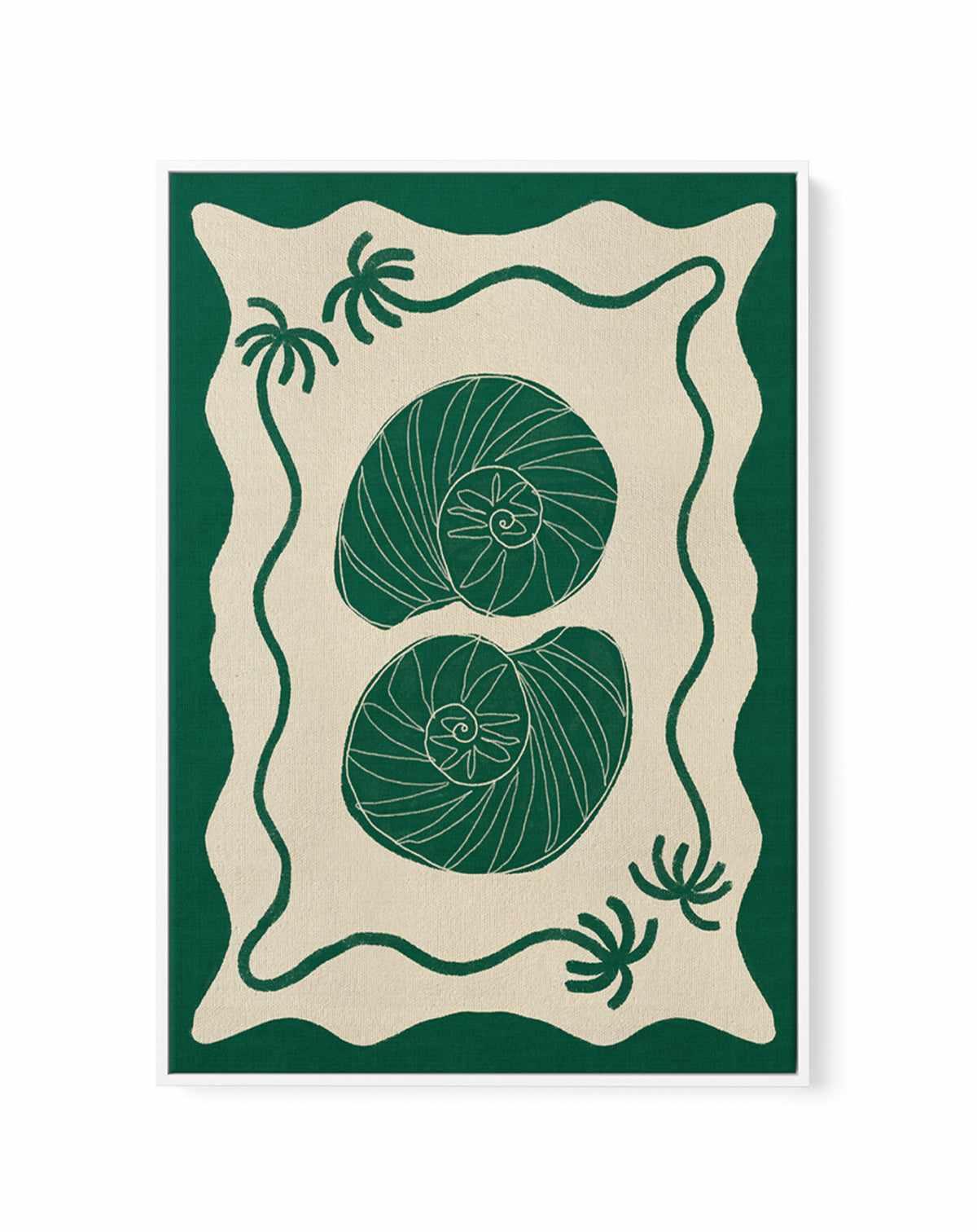 Green Seashell Stories by Shatha Al Dafai | Framed Canvas Art Print from Olive et Oriel where you can shop wallpaper and artworks online