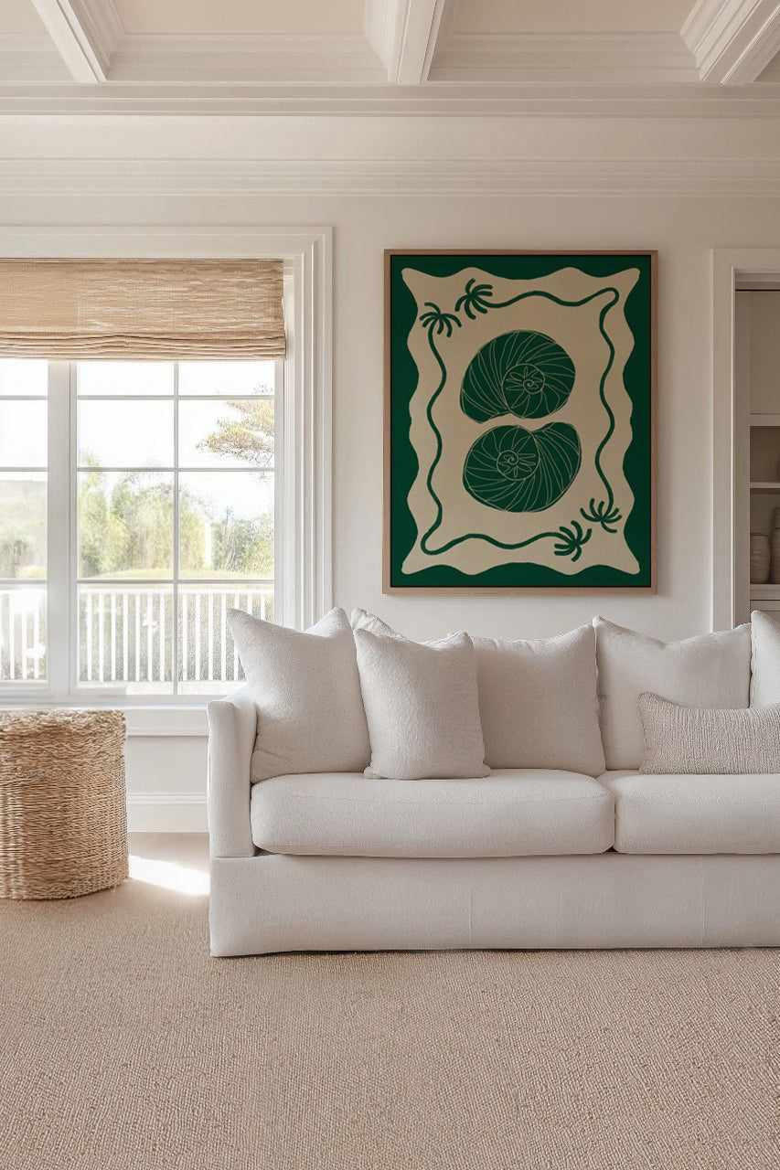 Green Seashell Stories by Shatha Al Dafai | Framed Canvas Art Print from Olive et Oriel where you can shop wallpaper and artworks online