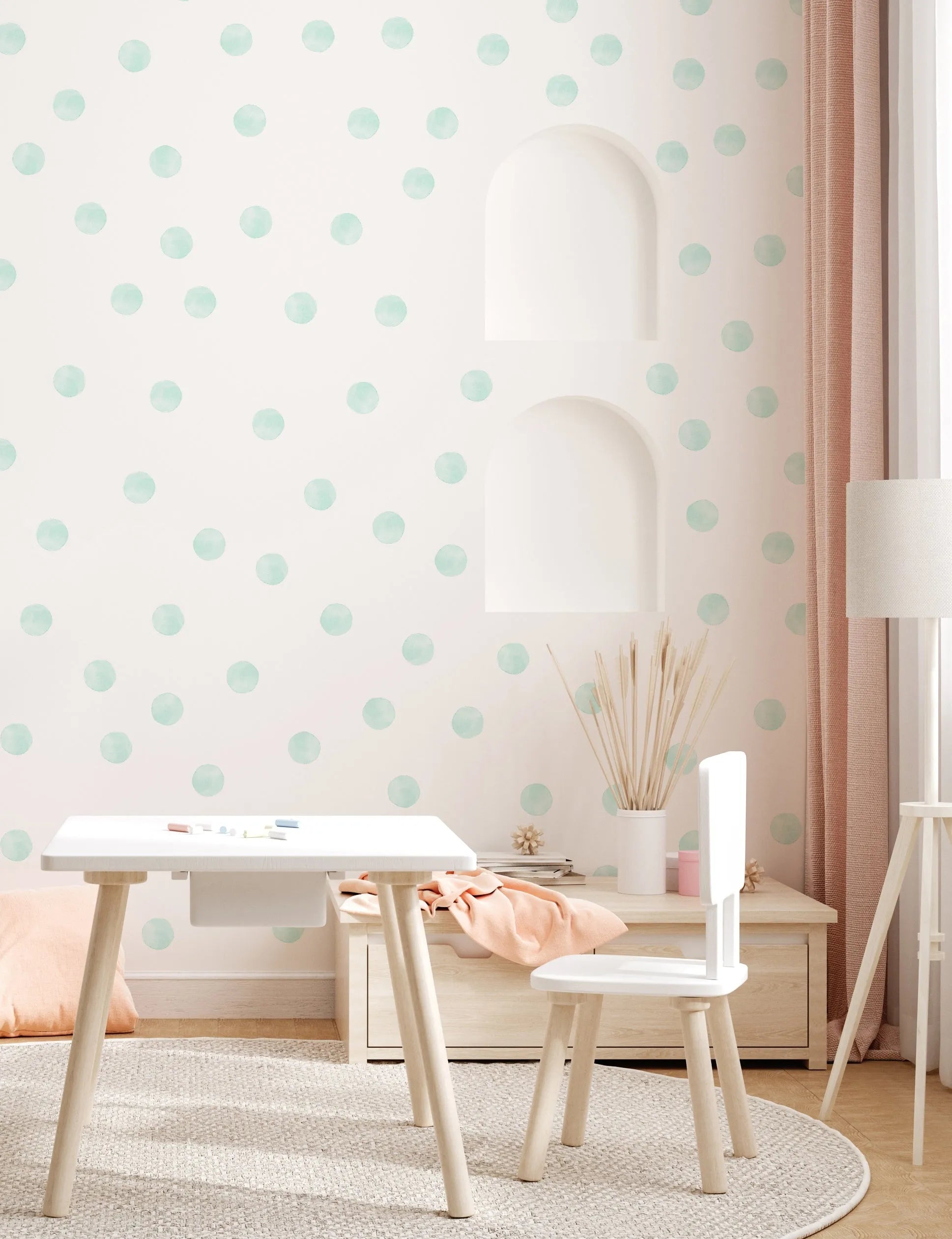 Sage Watercolour Dots Decal Set from Olive et Oriel where you can shop wallpaper and artworks online