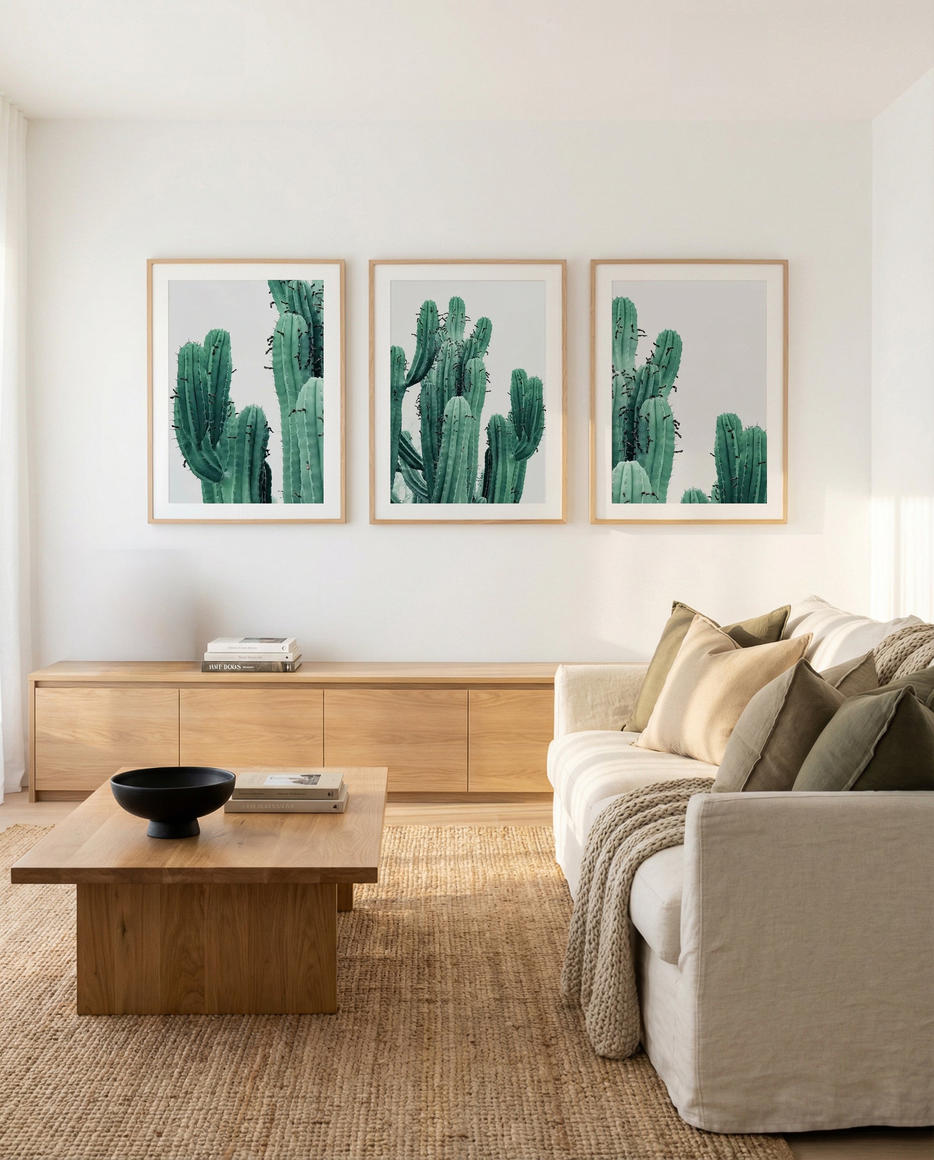 Green Cactus I, II & III | 3 Piece Wall Art Set in Green art print oak frame with white border