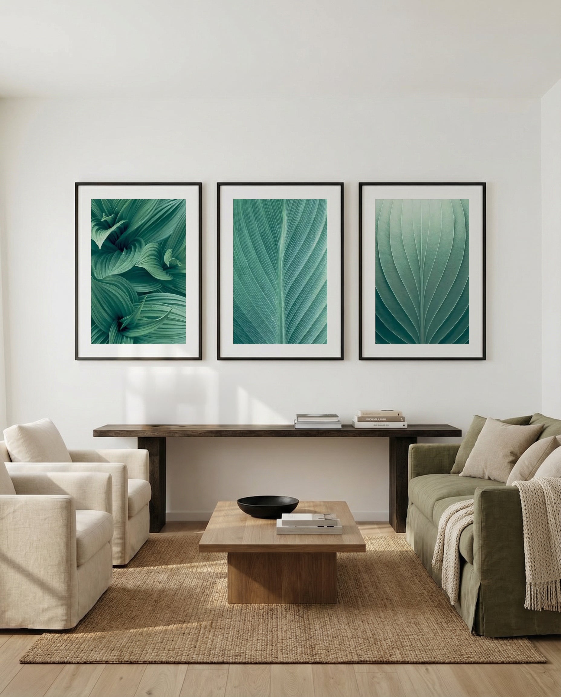 Green Leaves I, II & III | 3 Piece Wall Art Set in Green art print oak frame with white border
