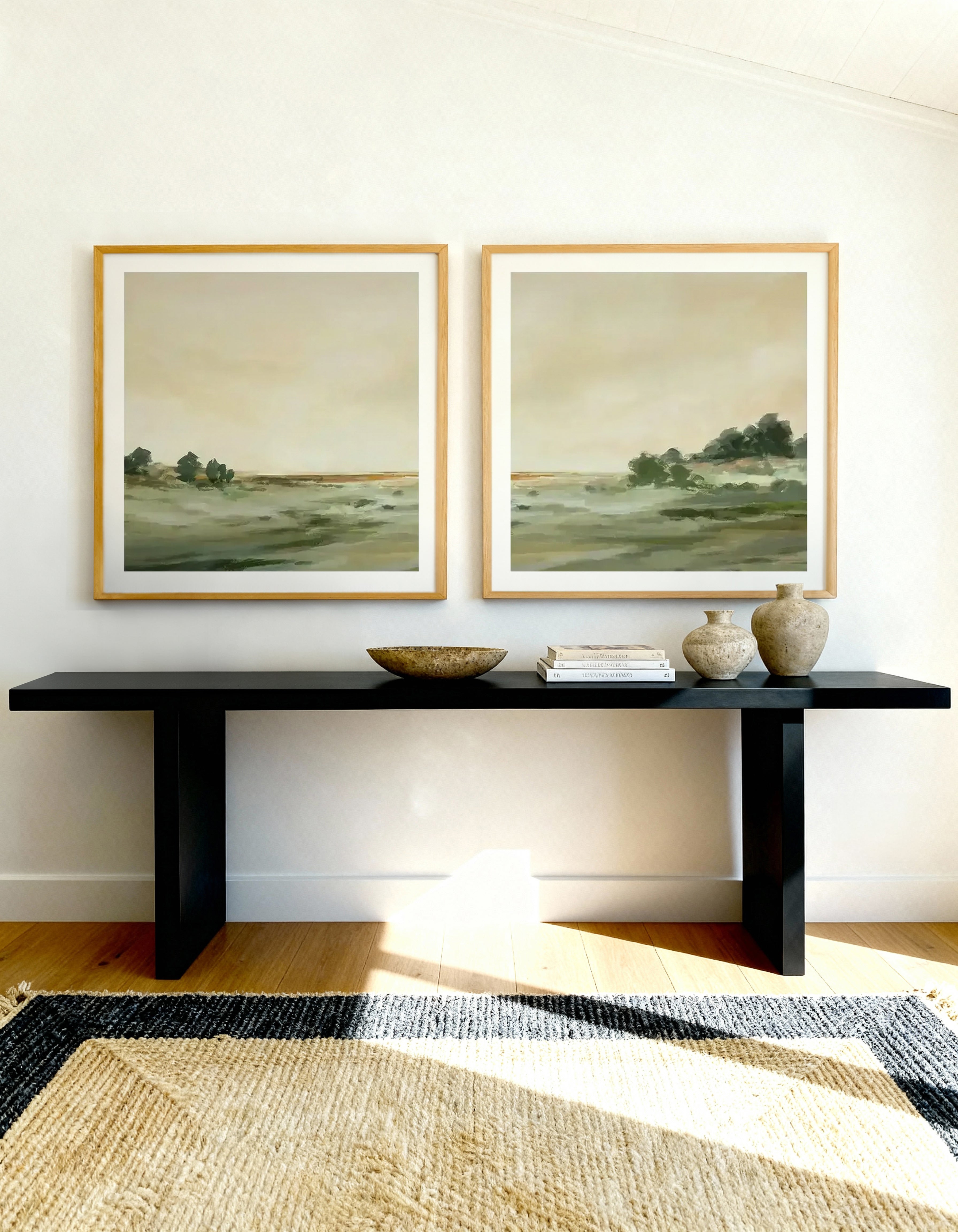 Green Meadow SQ Left & Right Art Print Set of 2 | Matching Wall Art