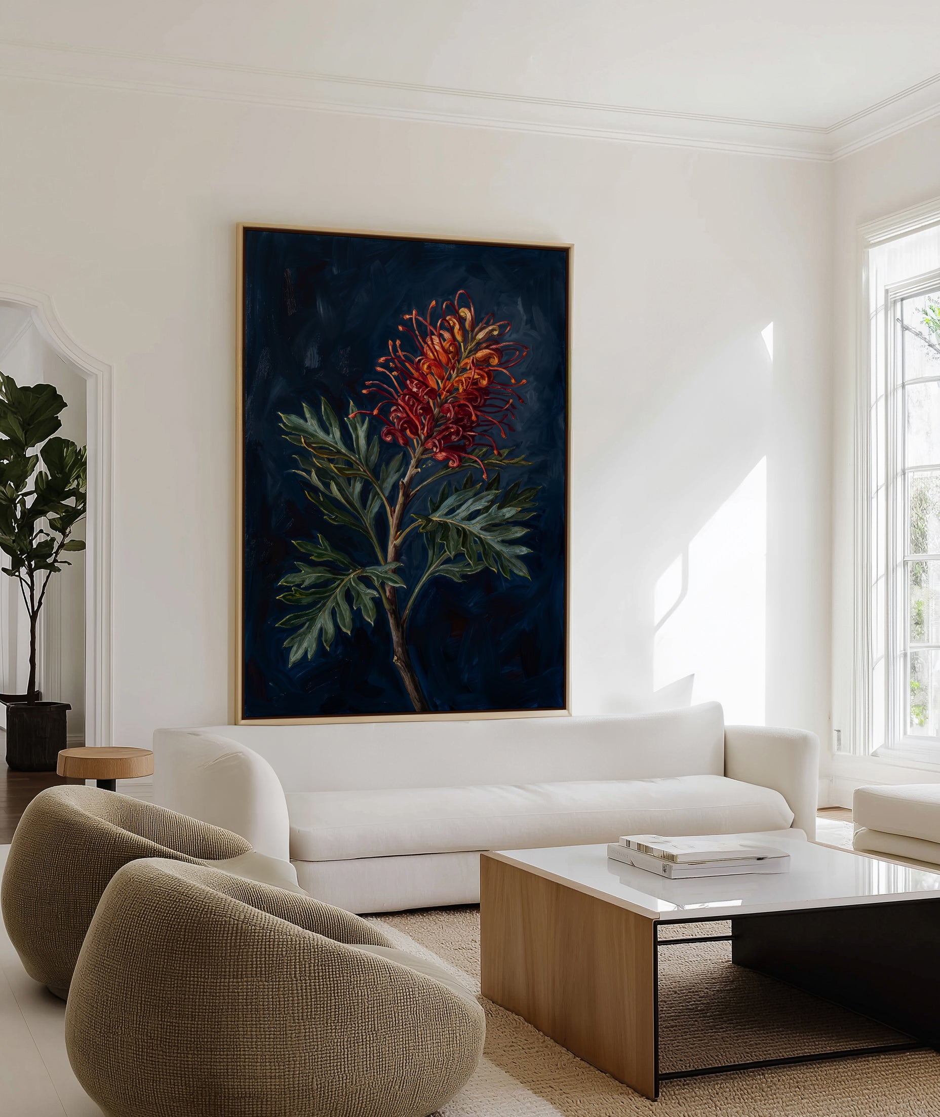 Grevillea On Navy Botanicals Study | Framed Canvas Art Print