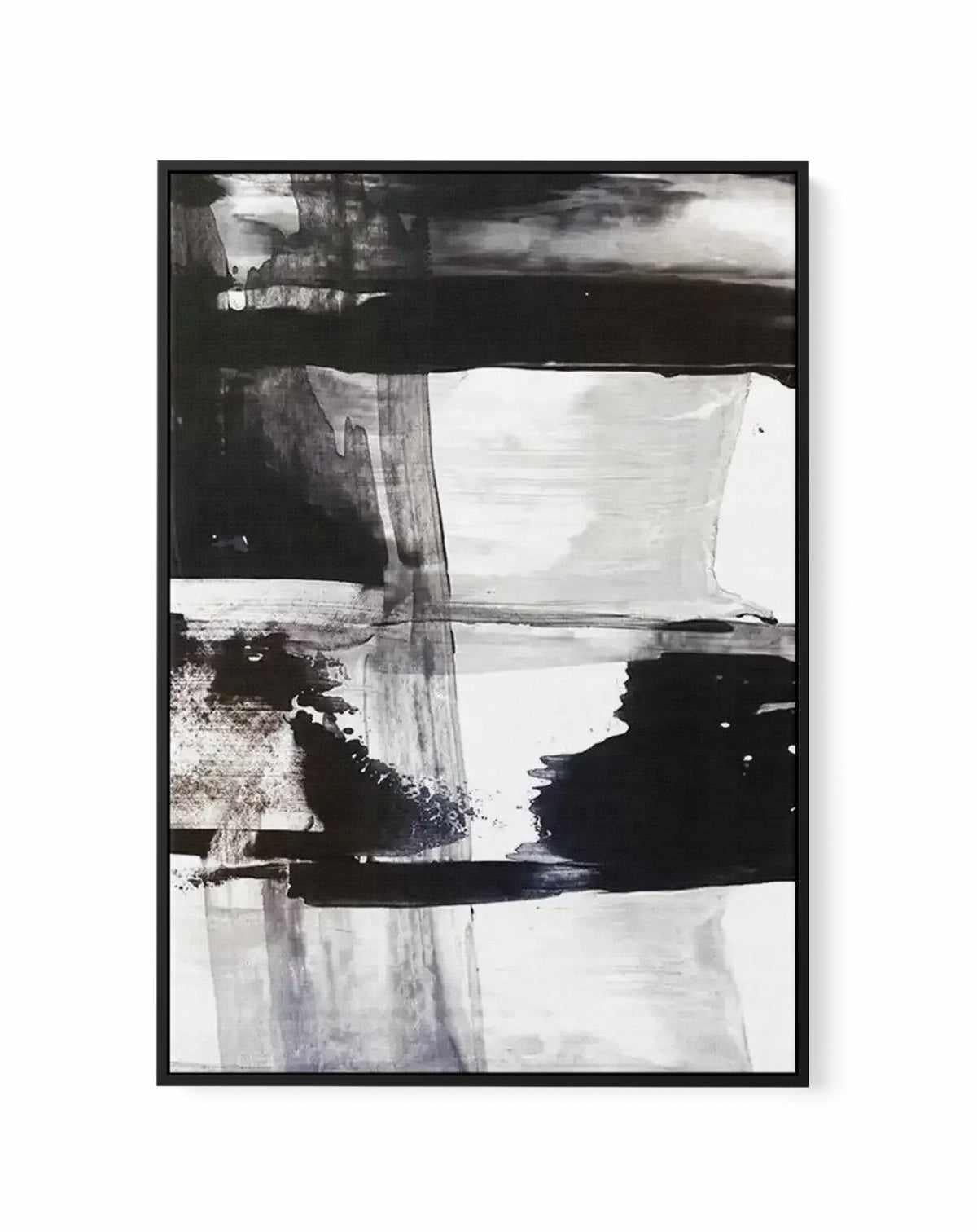 Black-framed canvas art print featuring an abstract black and white composition. The artwork displays horizontal bands of dark charcoal and light gray tones with gestural brushstrokes and layered transparent effects, creating a moody, contemplative landscape-like quality. The design suggests horizons and atmospheric depth through contrasting areas of solid black, soft gray washes, and white space. The canvas is mounted in a slim black frame.