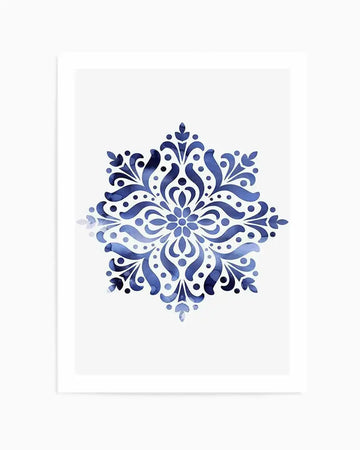 Art Print:
Watercolour art print featuring a symmetrical mandala-like design in varying shades of blue, from deep indigo to pale sky blue, on a white background. The intricate pattern is composed of swirling organic shapes, dots, and teardrop motifs, with a central floral element and a subtle faded reflection at the bottom.