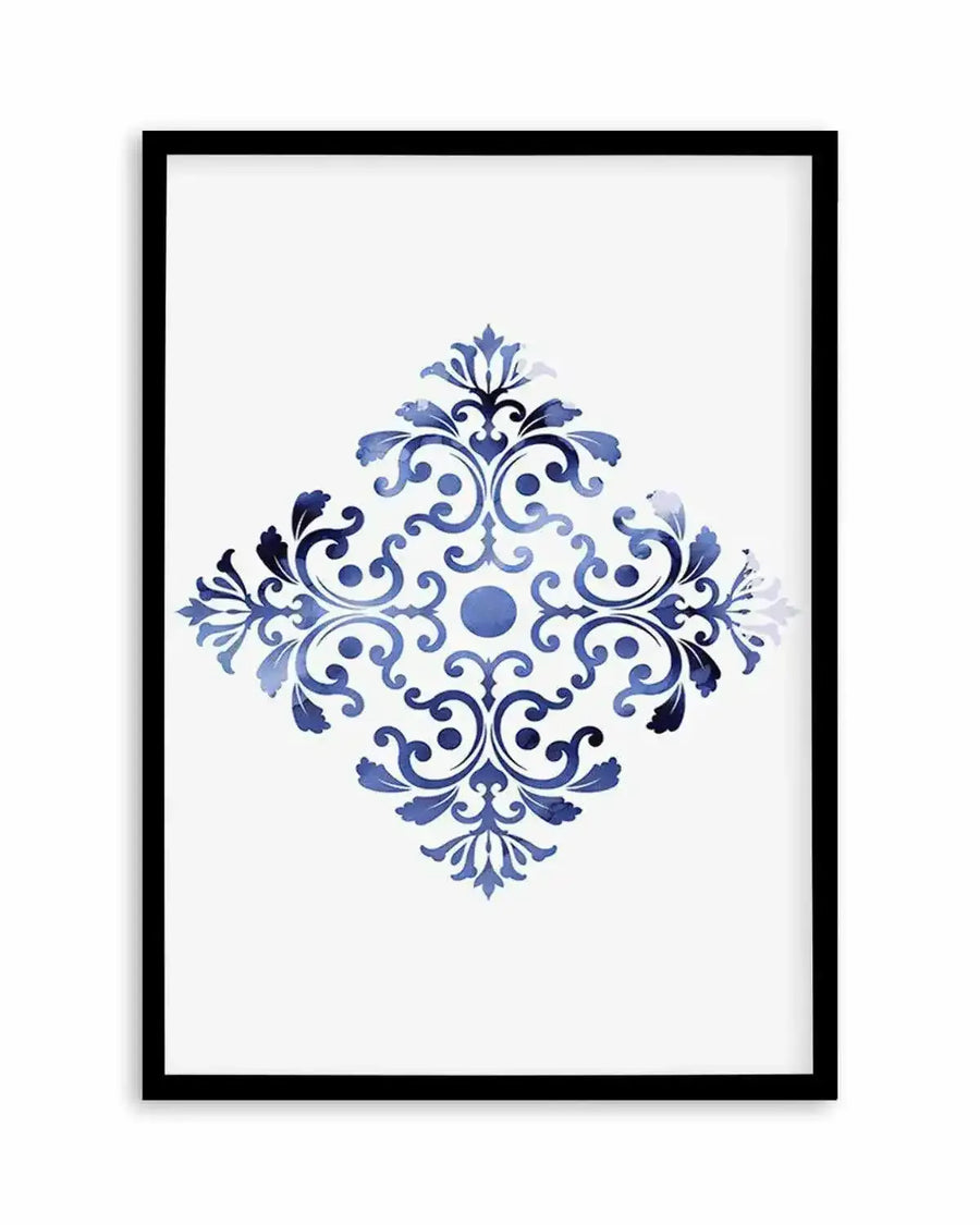 Watercolour art print featuring a symmetrical, diamond-shaped ornate floral and scroll pattern in varying shades of blue, from deep navy to pale sky blue, on a crisp white background, displayed in a black frame with a white border.