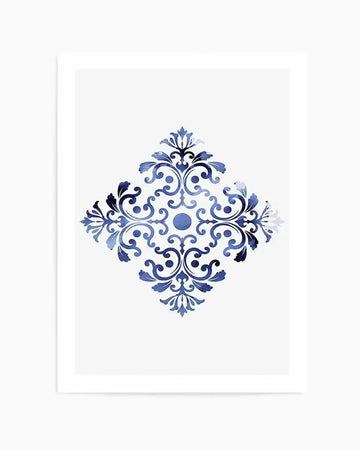 Watercolour art print featuring a symmetrical damask-style motif in shades of deep indigo and lighter cerulean blue on a crisp white background. The intricate design has a central circular element surrounded by elaborate scrolls and acanthus leaves, with a visible watercolour texture and soft edges.