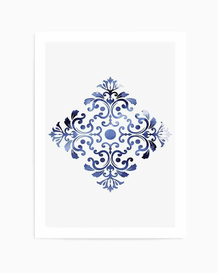 Watercolour art print featuring a symmetrical damask-style motif in shades of deep indigo and lighter cerulean blue on a crisp white background. The intricate design has a central circular element surrounded by elaborate scrolls and acanthus leaves, with a visible watercolour texture and soft edges.