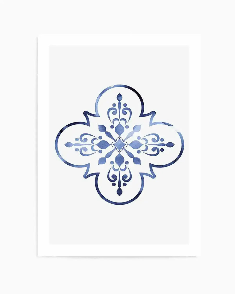 Watercolour art print featuring a symmetrical quatrefoil design in varying shades of deep blue and pale blue, with intricate scrollwork and floral motifs, printed on fine art paper with a matte finish.