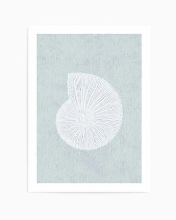 White art print featuring a delicate circular shell or ammonite design with radiating line work rendered in white on a soft sage green textured background, displayed with a white border frame.