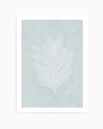 Art print featuring a delicate white feathery plant or fern rendered in a textured, embossed style against a soft sage green background with visible brushstroke texture. The botanical subject is centered in portrait orientation, displayed in a white frame with white border. The overall composition evokes a calm, minimalist aesthetic with subtle depth created by the raised white details contrasting against the muted green base.