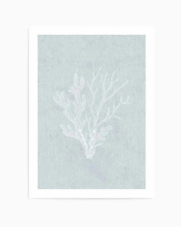 White art print featuring a minimalist botanical illustration of a delicate branching plant or coral-like form rendered in white paint against a soft sage green textured background. The brushwork creates a subtle, calming aesthetic with visible paint strokes and a matte finish. The artwork is mounted with a white border on white matting.
