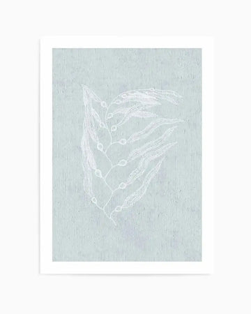 White line art illustration of delicate botanical seedpods and stems on a soft sage green textured background, printed on paper with white border frame, featuring minimalist pen-stroke style linework depicting elongated seed vessels with circular details arranged in a vertical composition.