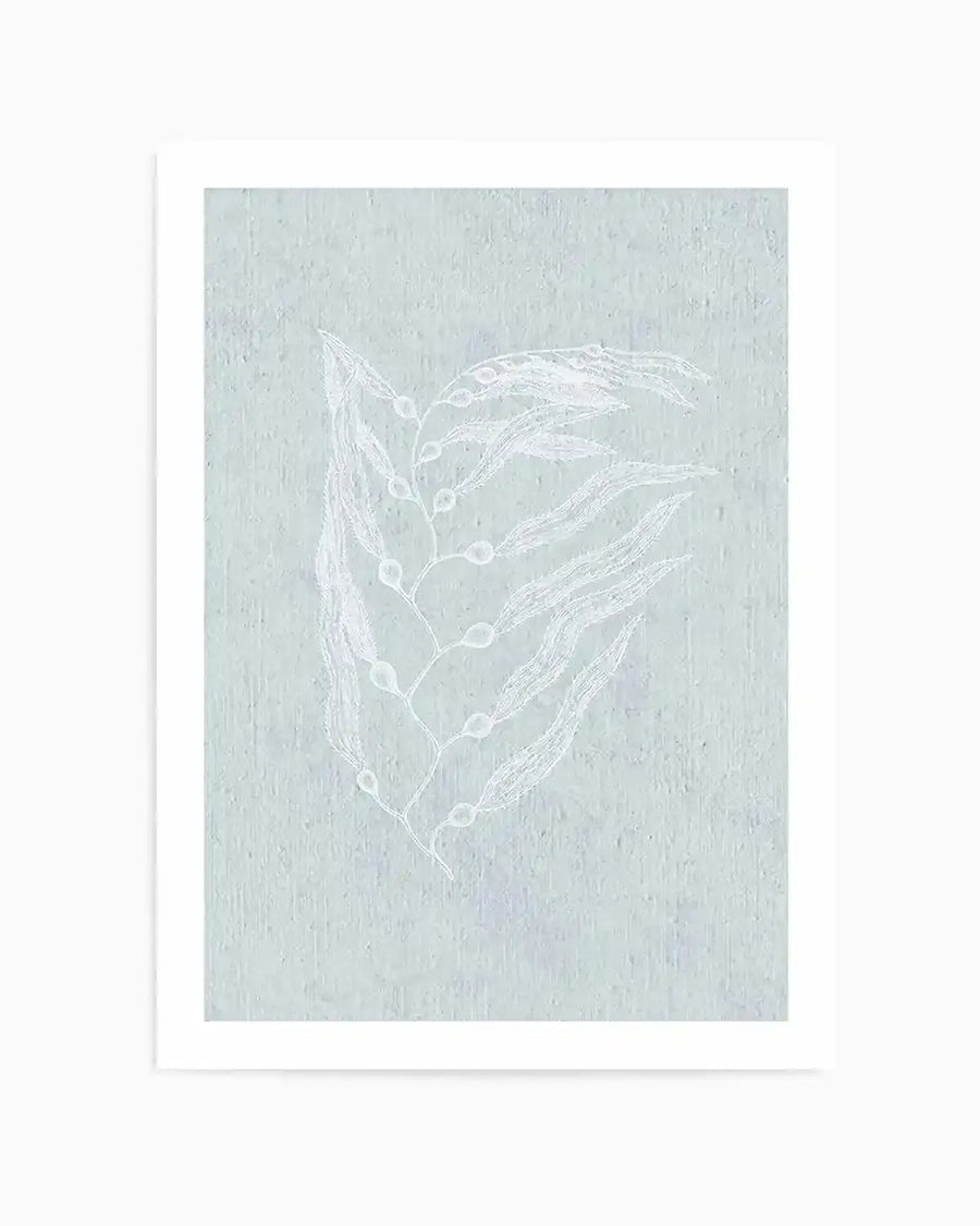 White line art illustration of delicate botanical seedpods and stems on a soft sage green textured background, printed on paper with white border frame, featuring minimalist pen-stroke style linework depicting elongated seed vessels with circular details arranged in a vertical composition.