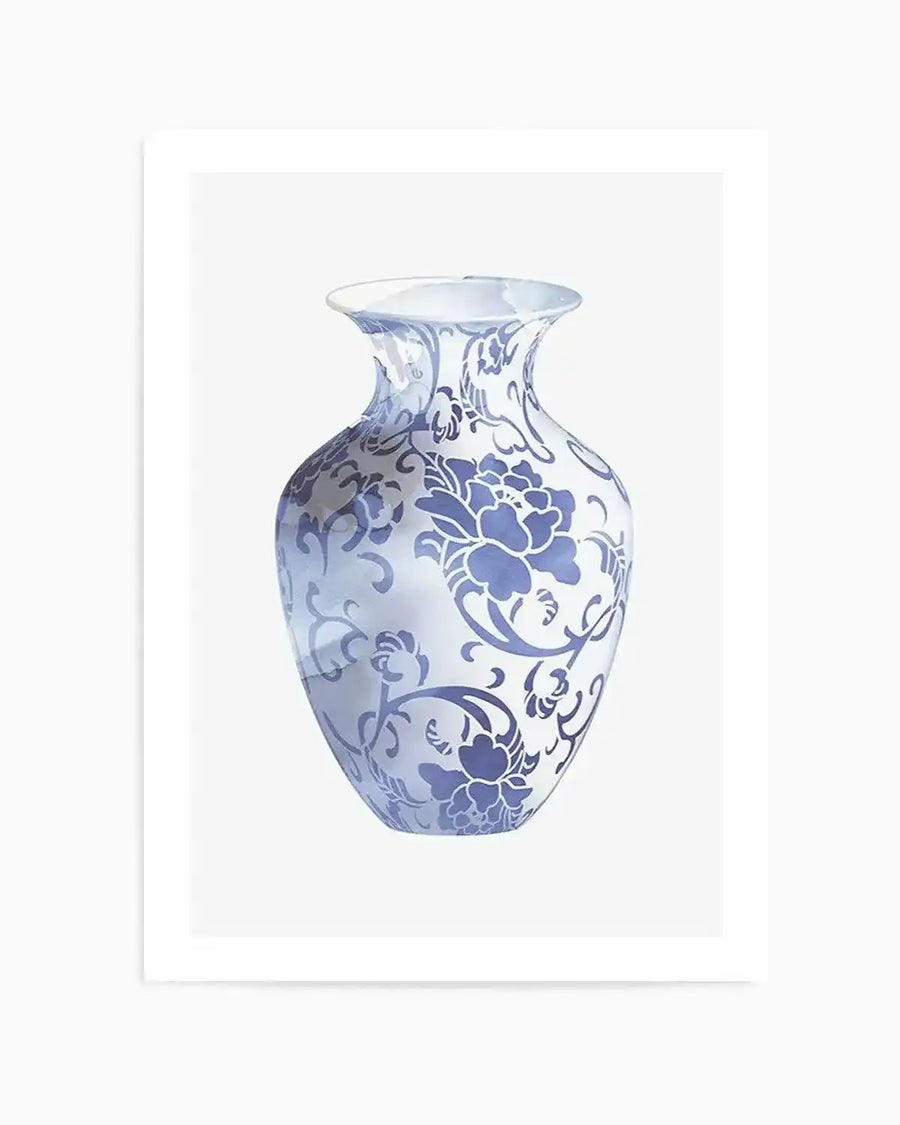Watercolour art print featuring a decorative vase with a blue and white floral pattern. The vase has a wide mouth and a gently curved body, with intricate blue scrollwork and stylized flowers against a white background, giving it a delicate, traditional porcelain appearance.