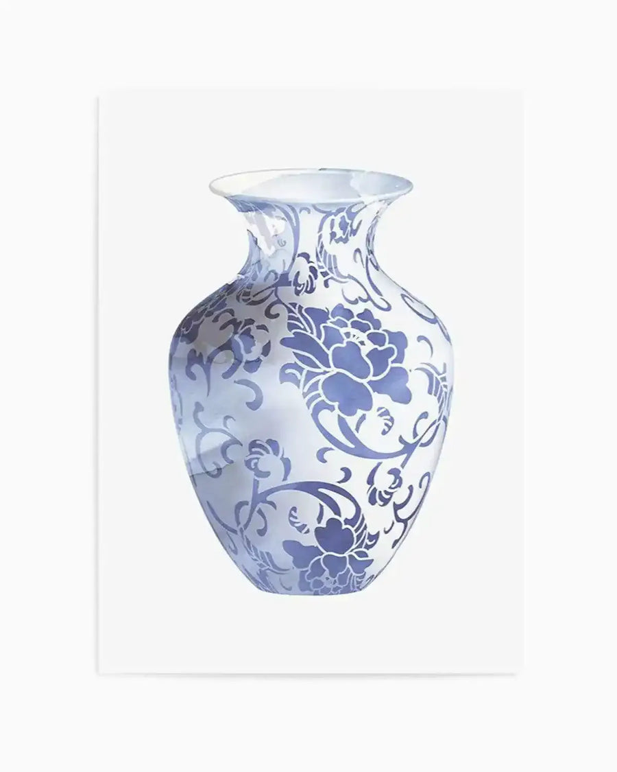 Watercolour art print featuring a light blue and white vase with an ornate floral pattern in a darker blue. The vase has a wide mouth, narrow neck, and a bulbous body, with the pattern covering its entire surface.