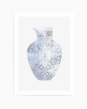 Art print featuring a decorative vase with an intricate damask-style pattern in metallic silver and pale grey on a white background. The vase has a flared rim and a bulbous body, with the pattern showcasing floral motifs and swirling scrolls.