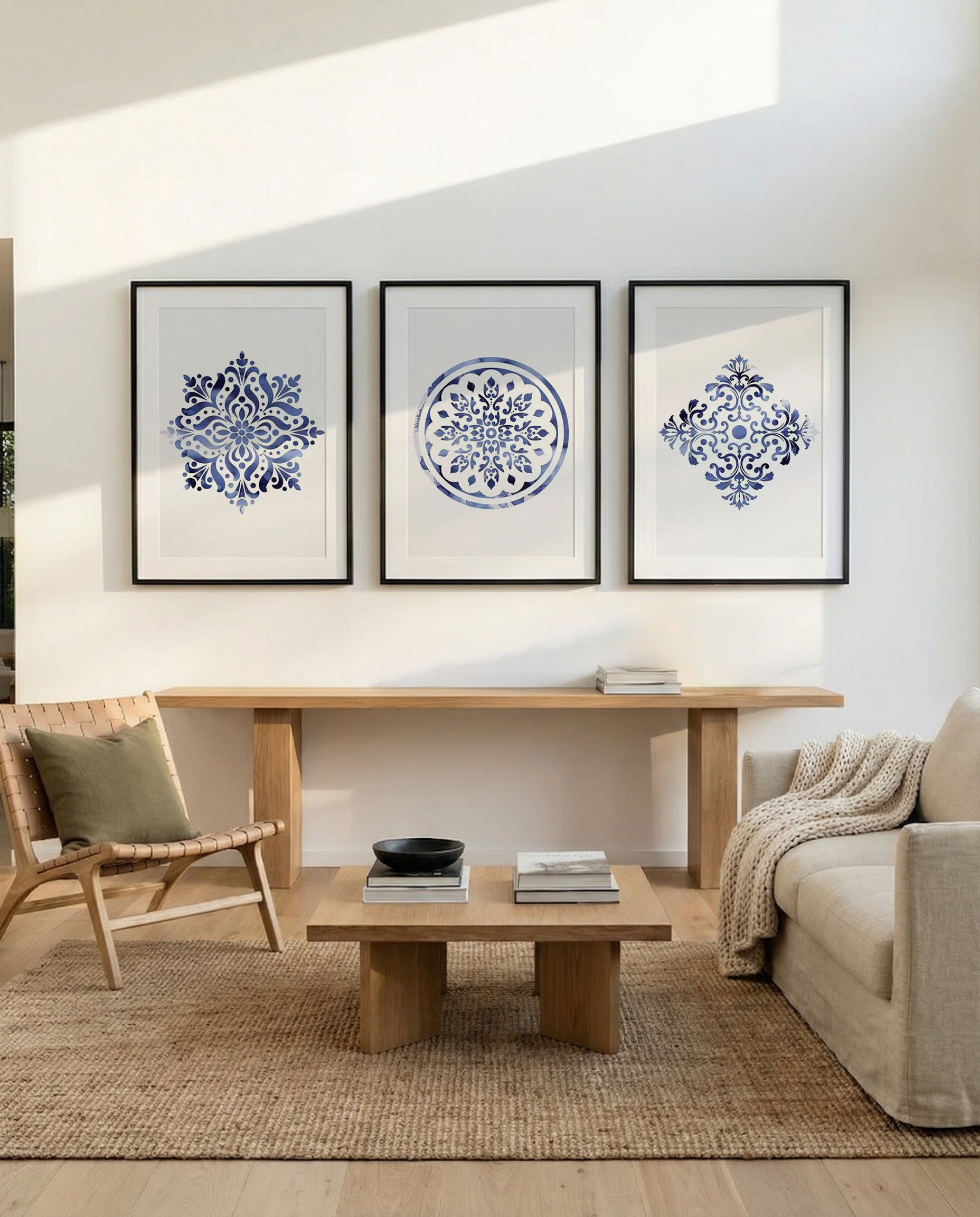 Hamptons Classic I, II & III | 3 Piece Wall Art Set in Blue hamptons art print oak frame with white border