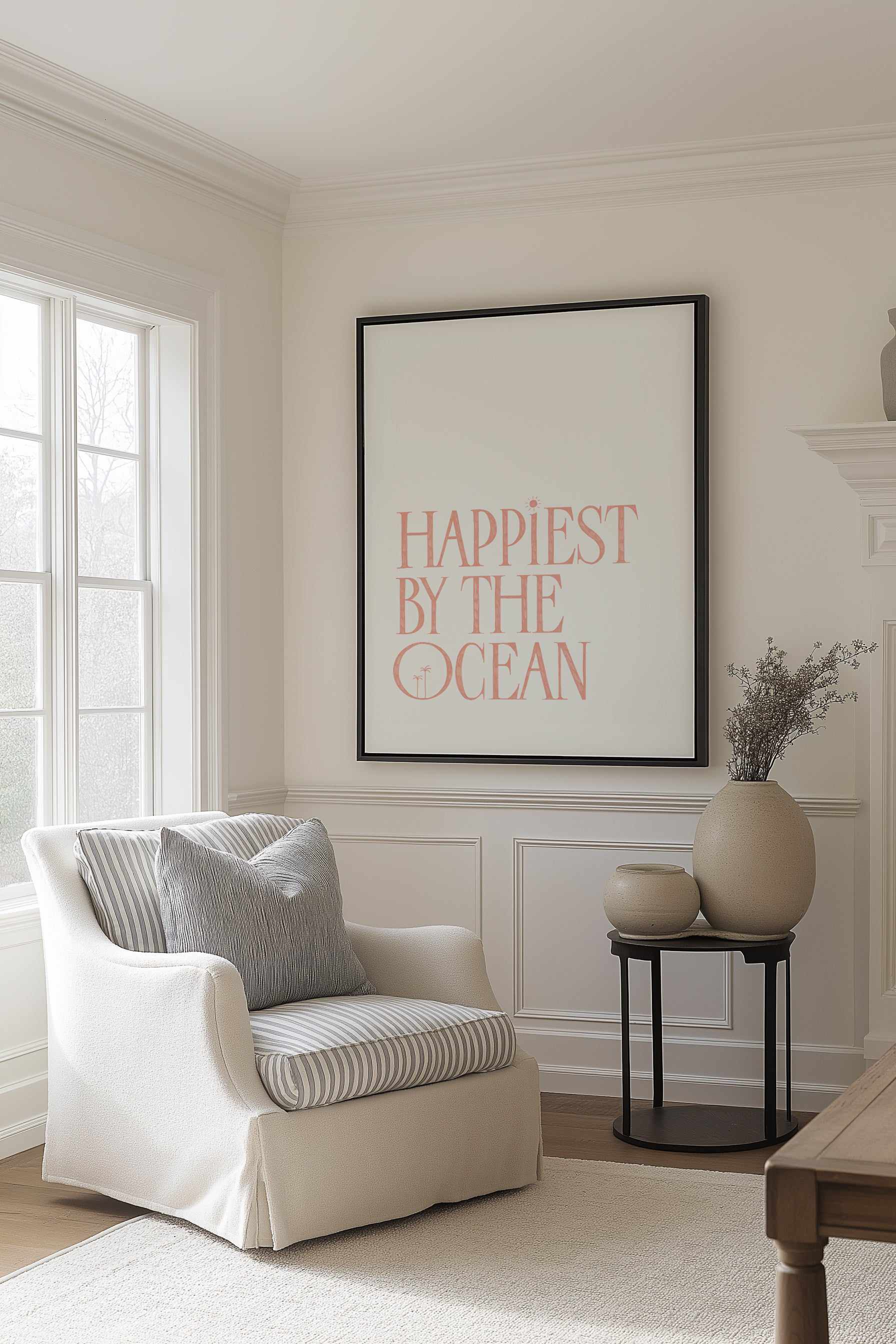 Happiest by the Ocean - Peach | Framed Canvas Art Print from Olive et Oriel where you can shop wallpaper and artworks online