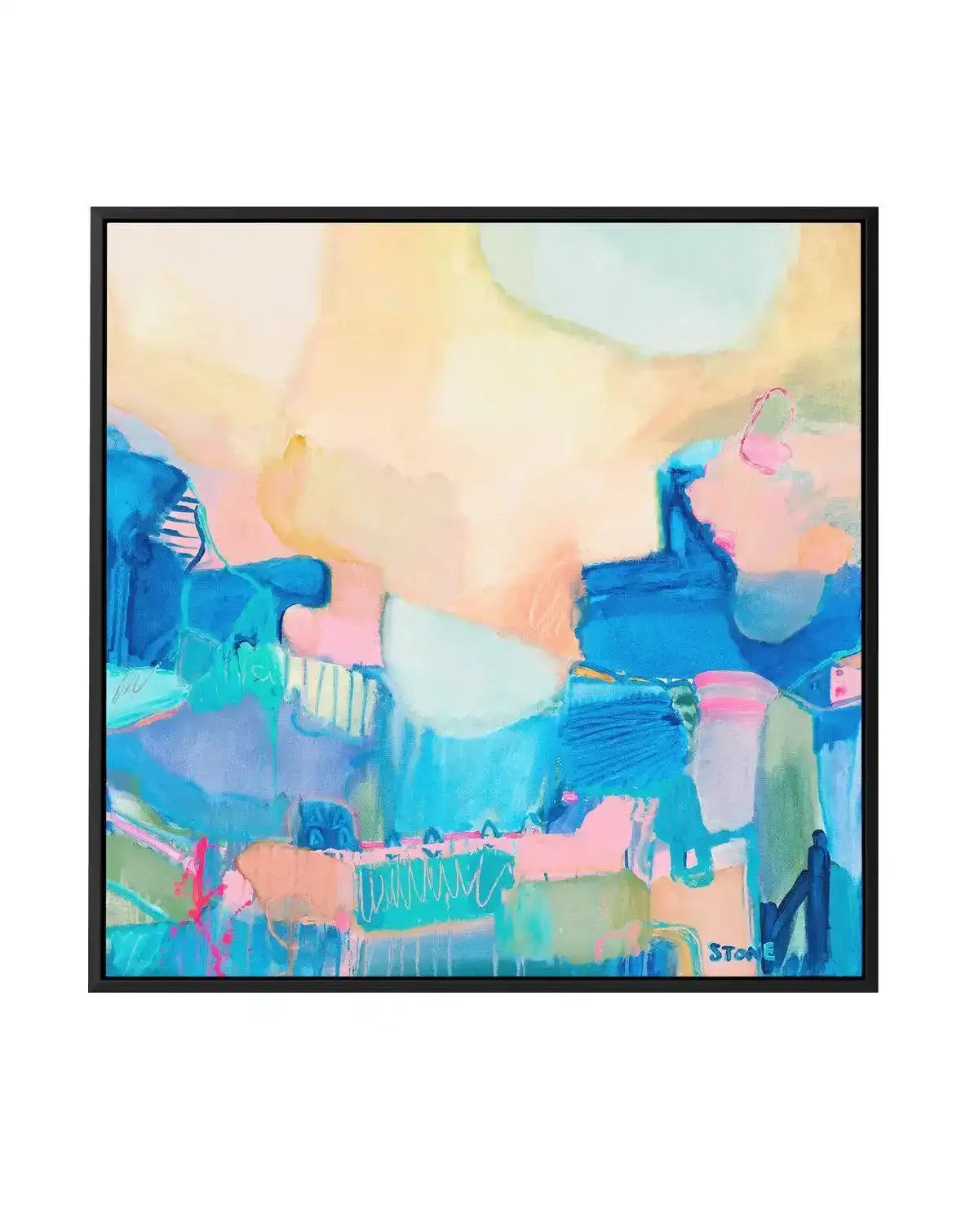 Abstract canvas print featuring a vibrant landscape of layered brushstrokes in shades of bright blue, teal, and soft pink, with a warm yellow and cream sky. The composition has a loose, painterly quality with visible texture, framed in a sleek black frame.