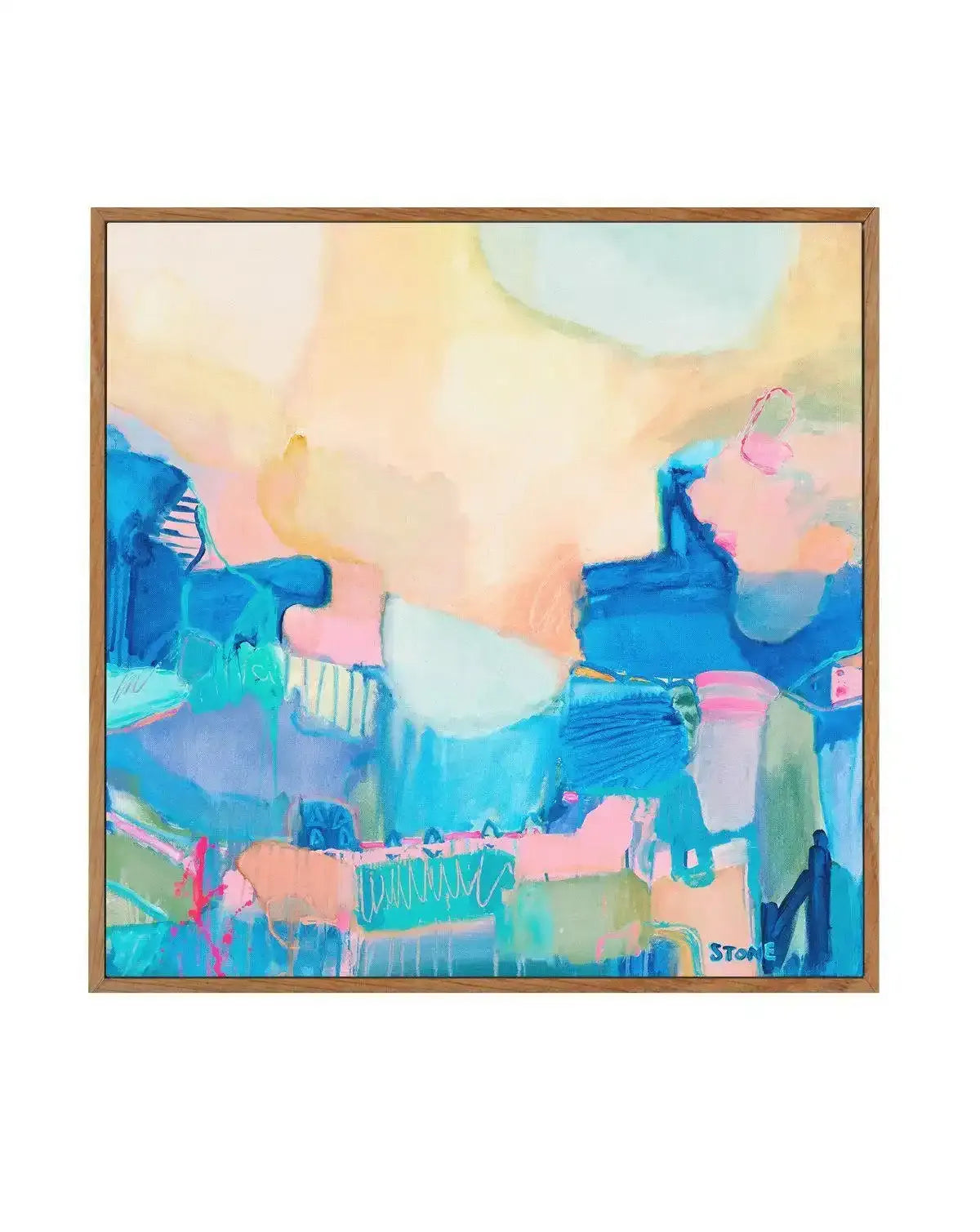 Abstract canvas print featuring a vibrant landscape of layered brushstrokes in shades of sky blue, teal, pastel pink, and peach, with hints of lime green and white, creating a dynamic, impressionistic scene under a warm, light yellow sky. The artwork is displayed in a natural oak frame.
