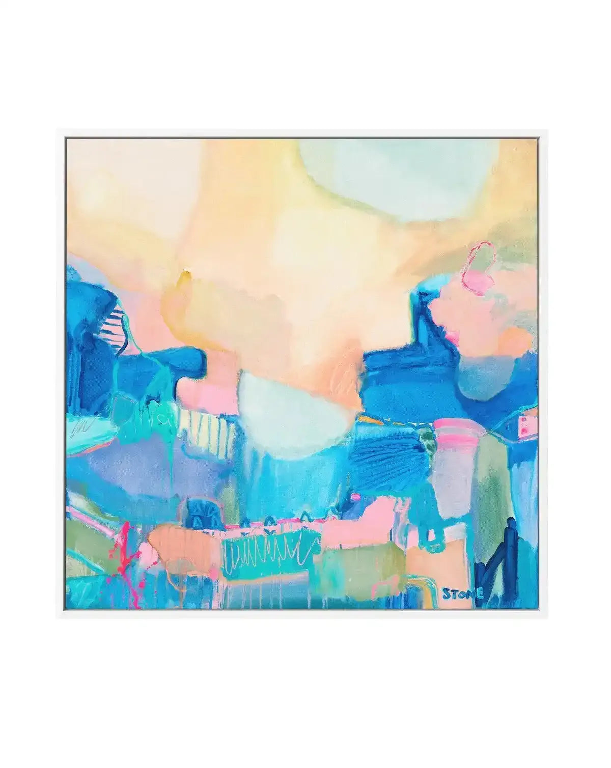 Abstract canvas print featuring broad, expressive brushstrokes in a vibrant palette of sky blue, teal, peach, and soft pink, with hints of pale yellow and green, creating a dynamic and layered composition. The artwork is gallery-wrapped and displayed in a thin white frame.