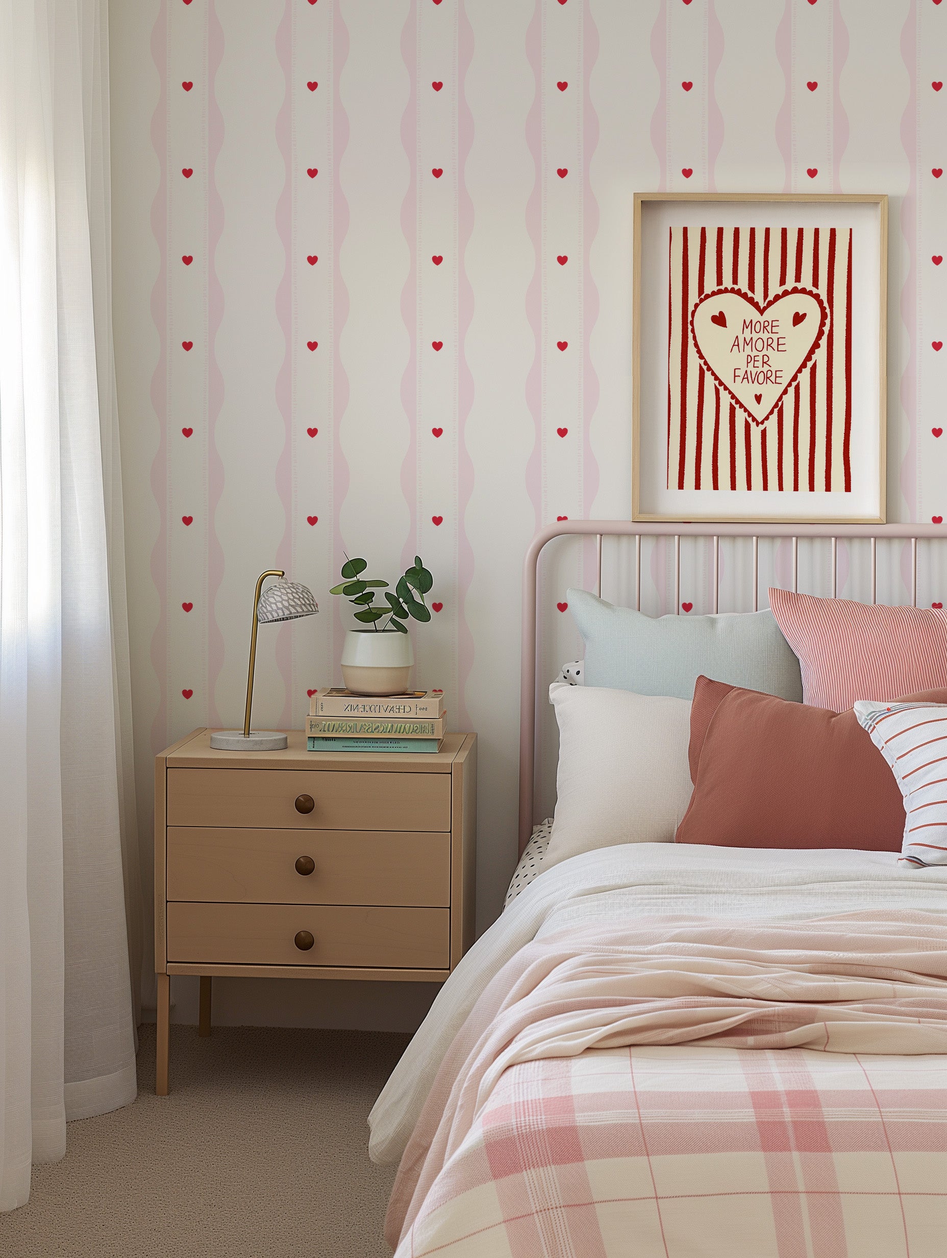 Frankie’ Preppy Hearts in Pink & Red By the Roll Wallpaper