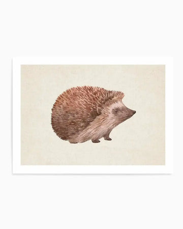 Watercolour art print featuring a brown hedgehog with visible brushstrokes on its spiky back and soft fur on its face, set against a warm cream background. The hedgehog is depicted in profile, facing right, with its small black eye and pointed snout visible.