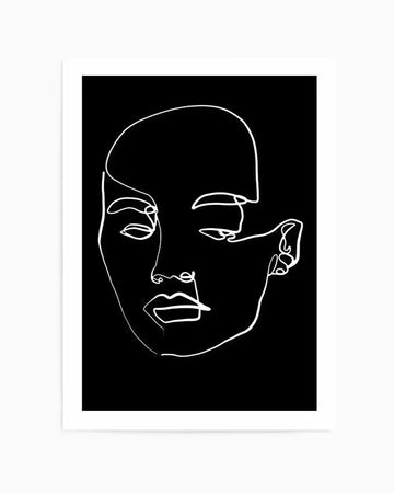 Art print featuring a minimalist one-line drawing of a woman's face in white on a black background, with a continuous line forming the contours of her head, eyes, nose, and lips, displayed in a white frame.