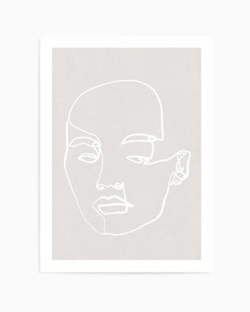 Line art print featuring a minimalist illustration of a woman's face in white on a light grey, textured background. The continuous line drawing outlines the contours of her face, with closed eyes, a subtle nose, and full lips.