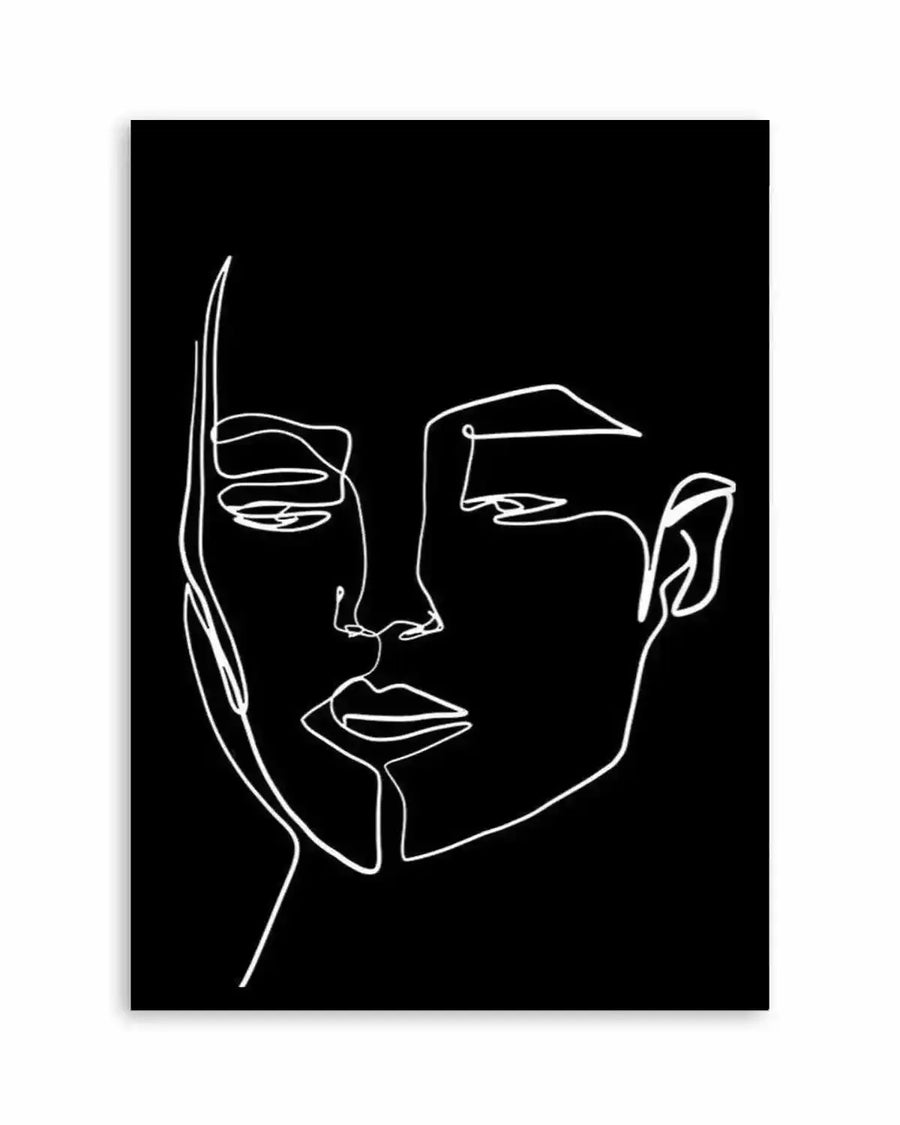 Art print featuring a minimalist one-line illustration of a woman's face in white on a solid black background. The continuous white line forms the contours of her face, including her eyes, nose, and lips, with a subtle suggestion of her hair and jawline. The style is abstract and modern, focusing on form and negative space.
