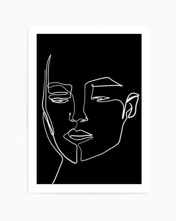 Line art print featuring a minimalist black and white illustration of a woman's face in profile, with a single continuous white line forming her features against a solid black background. The composition focuses on the left side of her face, showing her eye, nose, and lips with a contemplative expression.