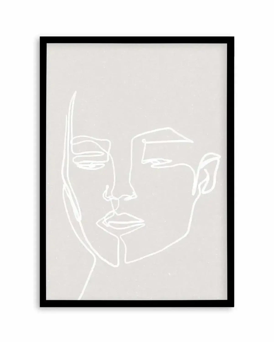 Line art print featuring a minimalist illustration of a woman's face in white lines on a light grey, textured background, displayed in a black frame with a white border. The face is composed of continuous, flowing lines, depicting the profile of the nose, lips, and chin, with abstract shapes for the eyes and ears.