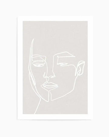 Minimalist line art print featuring a single continuous white line forming the contours of a woman's face in profile against a light grey background with a subtle speckled texture. The artwork captures the left side of her face with closed eyes and full lips.