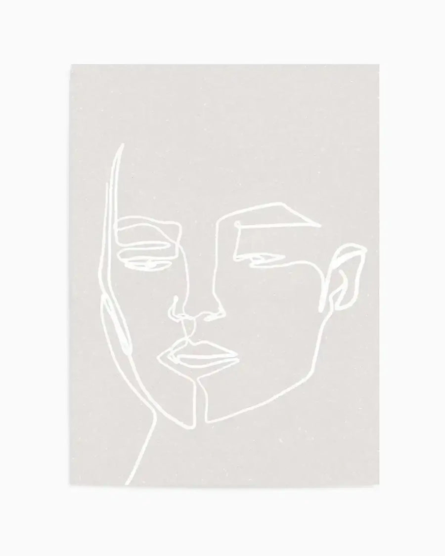 Line art print featuring a minimalist illustration of a woman's face in white on a light grey background. The continuous line drawing depicts the contours of her face, with closed eyes, a subtle nose, and full lips, creating a serene and contemplative mood.