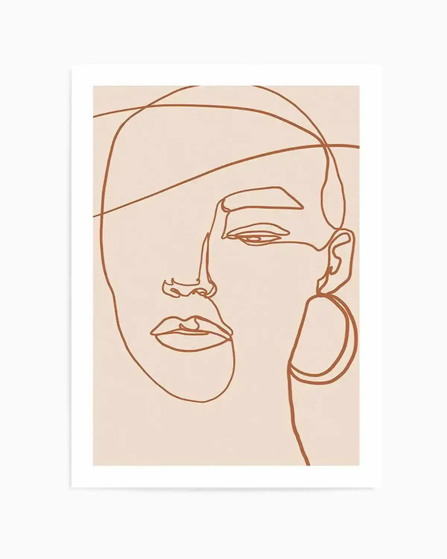 Line art print featuring a minimalist illustration of a woman's face in terracotta brown on a cream background, with a single continuous line forming the contours of her face, eye, nose, lips, and an earring.
