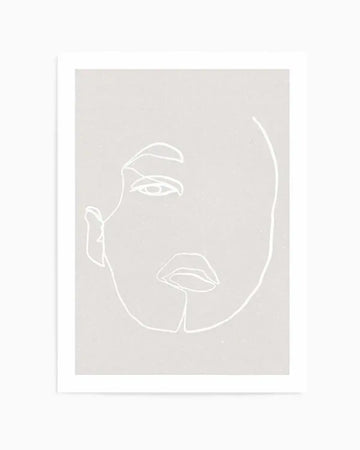 Line art print featuring a minimalist illustration of a woman's face in white on a light grey background with a subtle speckled texture. The drawing depicts the left side of the face, including an eye, eyebrow, ear, and lips, with the right side of the face undefined, creating an abstract and contemplative composition.