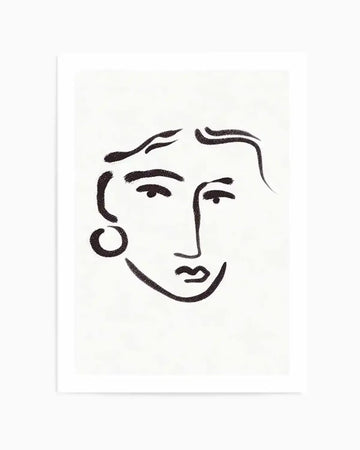 Art print featuring a minimalist line drawing of a face in black on a white background. The drawing uses thick, textured lines to depict hair, eyebrows, eyes, a nose, lips, and an ear with a hoop earring on the left side, creating an abstract and expressive portrait.