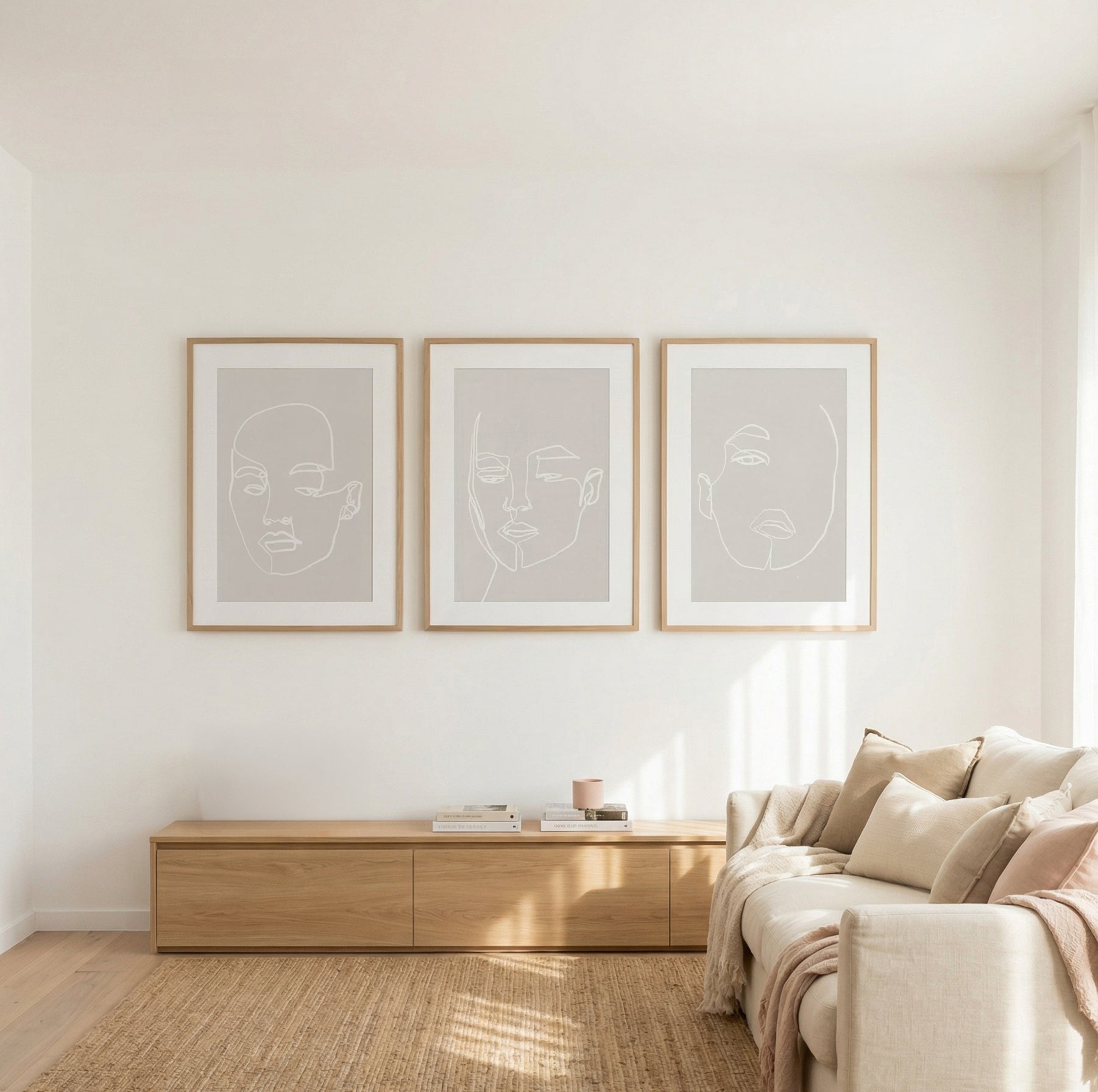 Her Contours Stone I, II & III | 3 Piece Wall Art Set in Grey art print oak frame with white border