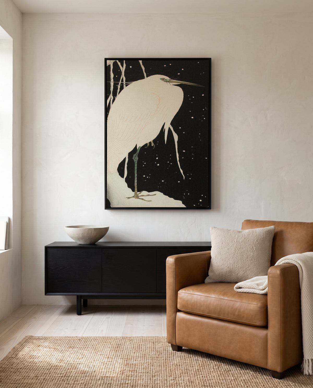 Heron In The Snow | Framed Canvas Art Print