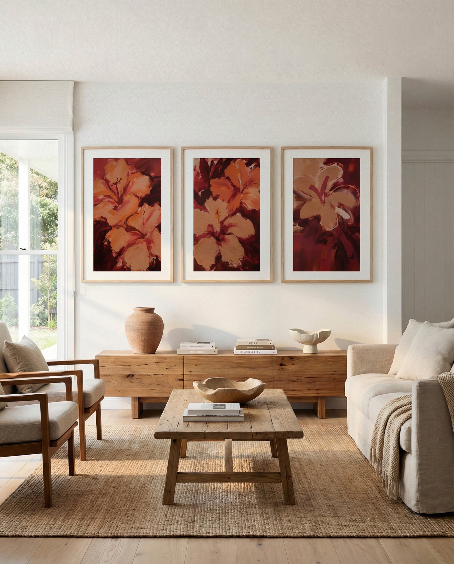Hibisca I, II & III | 3 Piece Wall Art Set in Burgundy and Red art print oak frame with white border