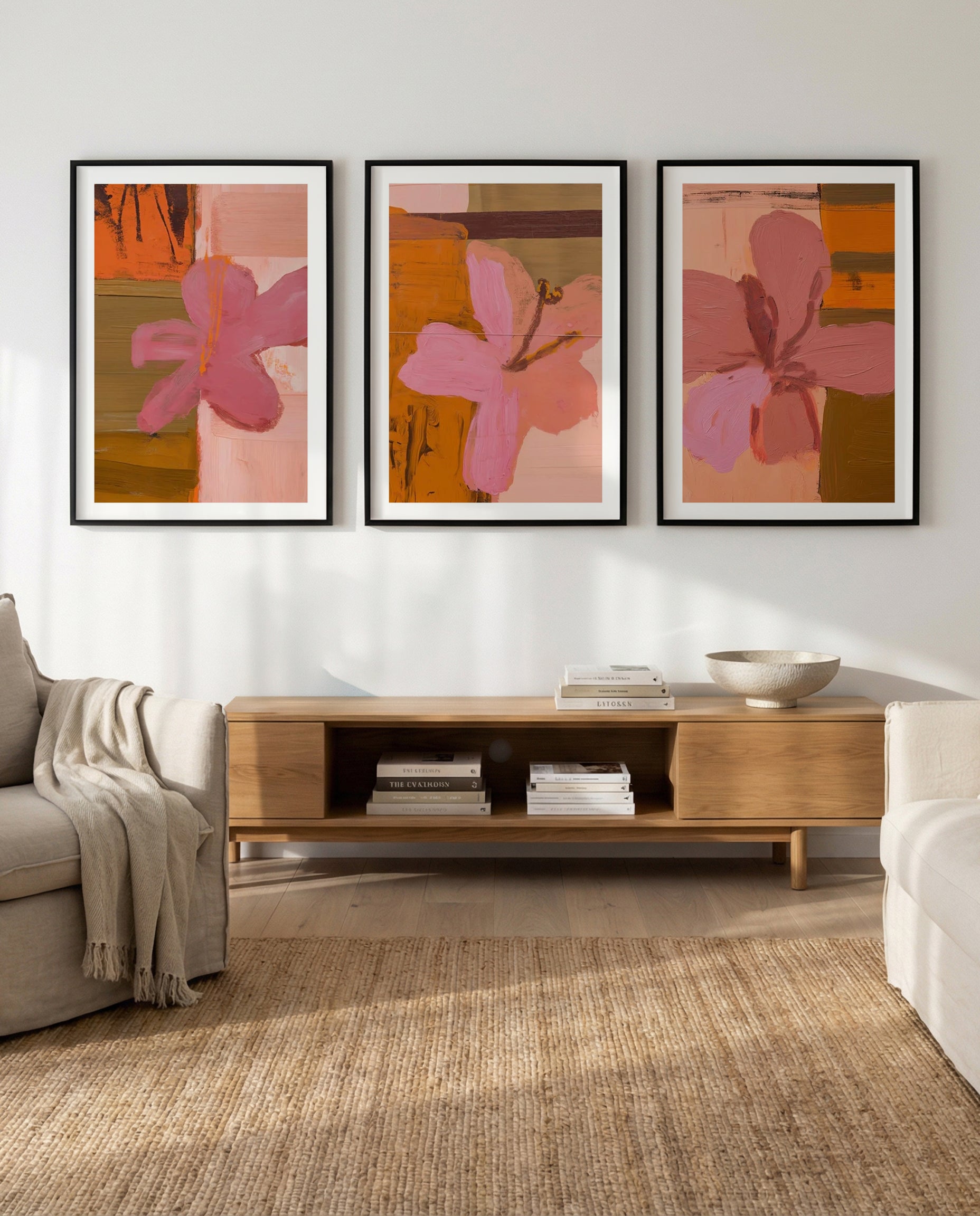 Hibiscus Heat I, II & III | 3 Piece Wall Art Set in Pink art print oak frame with white border